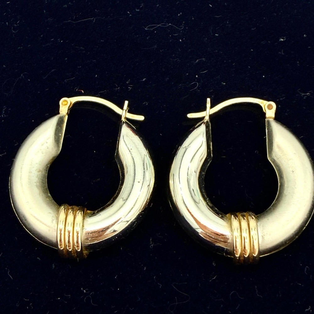 Womens Hoop Earrings 1.15" 14K Two-Tone Gold Chunky Tube White/Yellow Ribbed - Picture 2 of 16